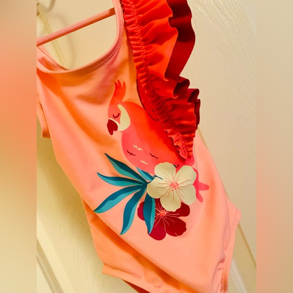 NWOT Cat & Jack Tropical Bird Print Ruffle Sleeve One Piece Pink Swimsuit - Picture 5 of 12